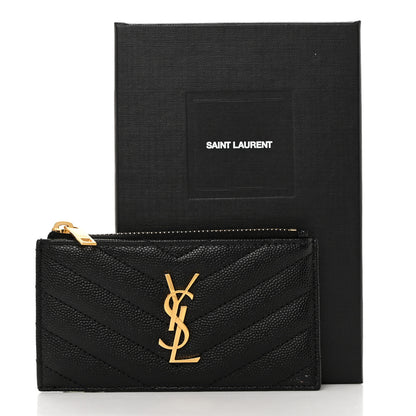 Saint Laurent Grain De Poudre Matelasse Chevron Monogram Fragments Zippered Card Case Black 8 of 8