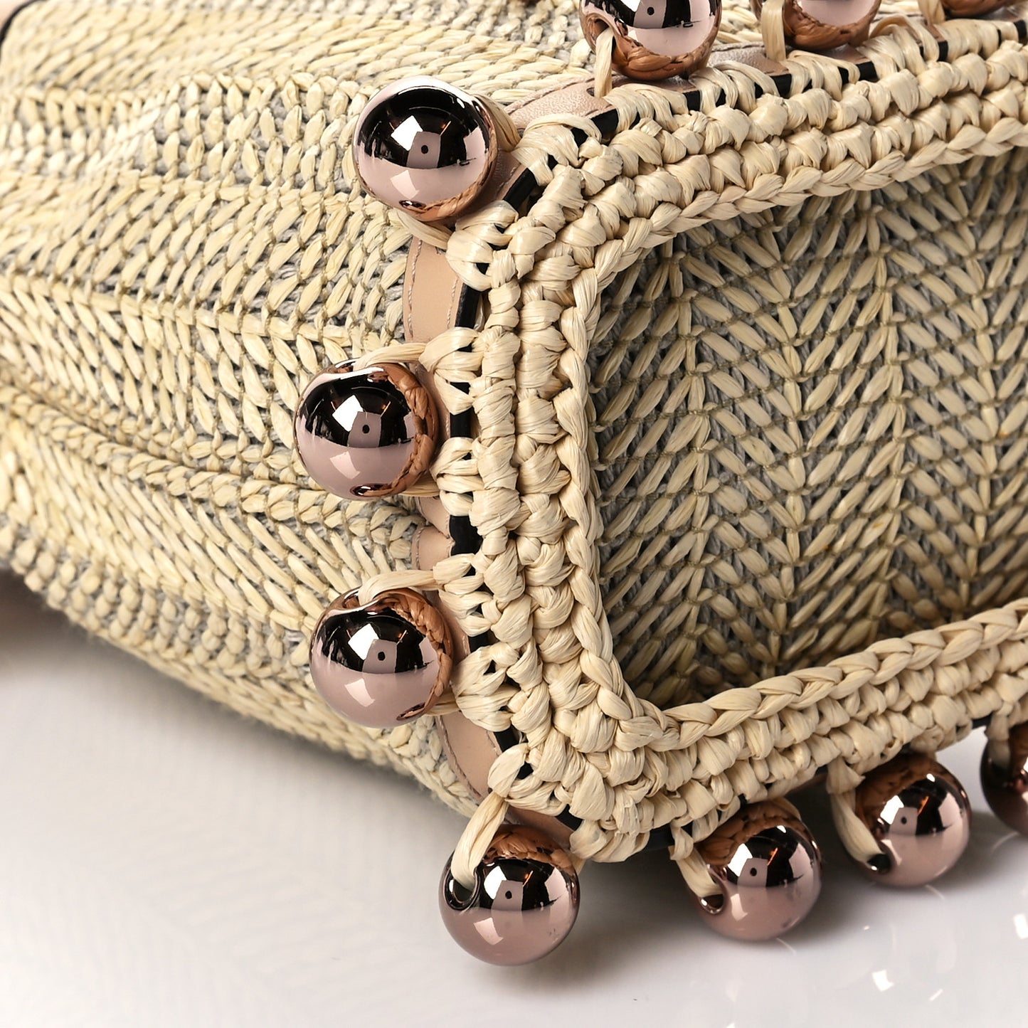 Raffia Pearl Herringbone Embellished Mini Mon Tresor Bucket Bag