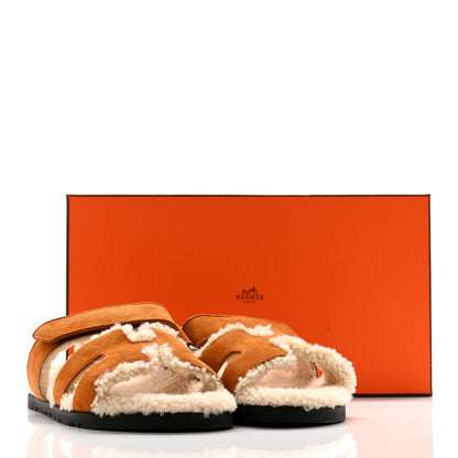 Hermes Suede Goatskin Woolskin Womens Chypre Sandals 38 Brun Fume Ecru 8 of 8