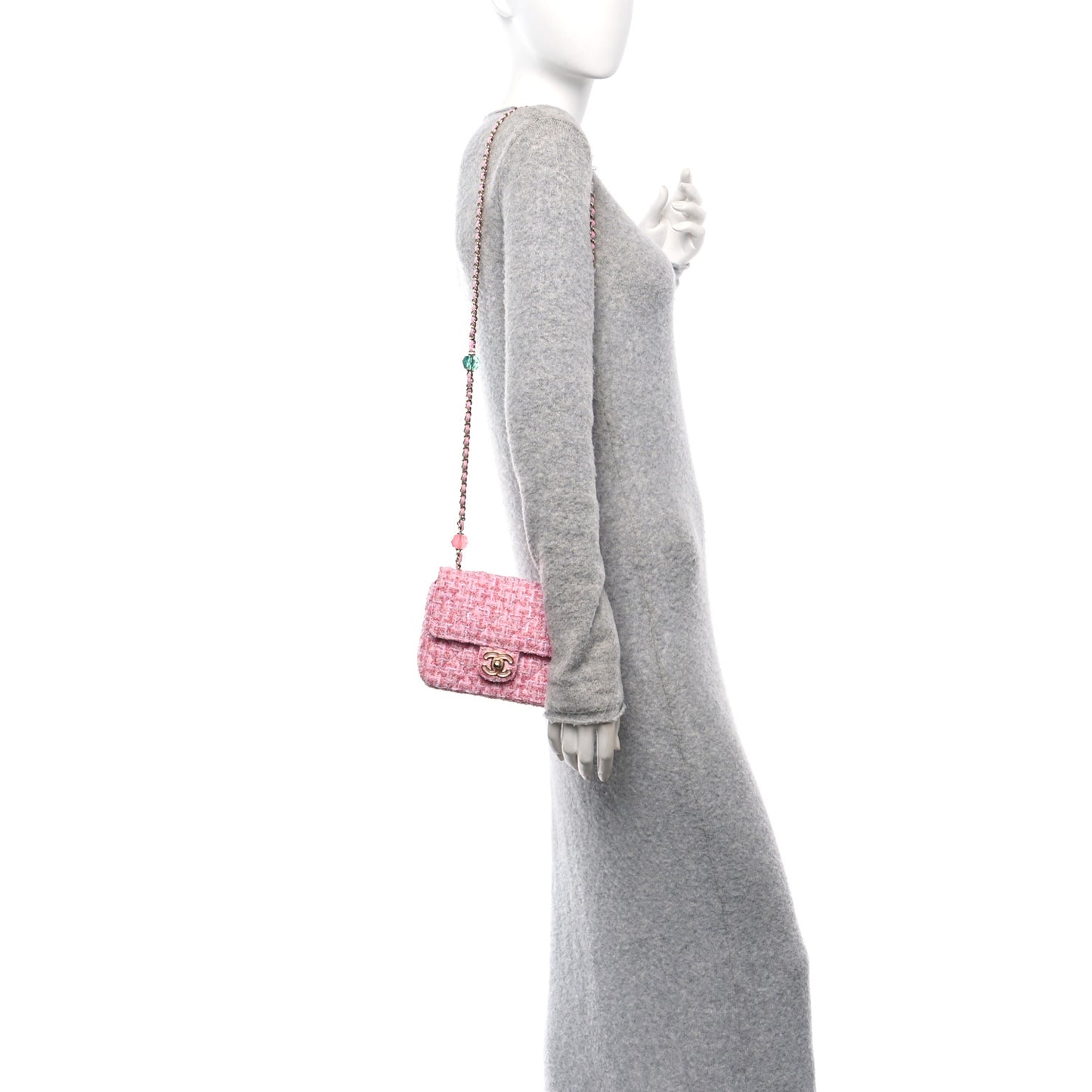Tweed Resin Quilted Mini Heart Square Flap Pink White