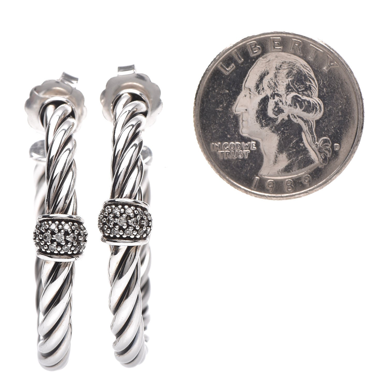David Yurman Sterling Silver Diamond Cable Classics Hoop Earrings 2 of 4