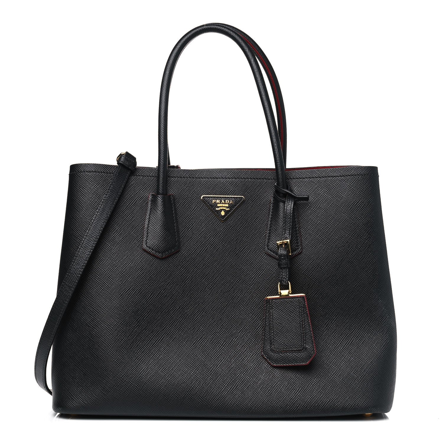 Prada Saffiano Cuir Small Double Bag Black Fuoco 1 of 14