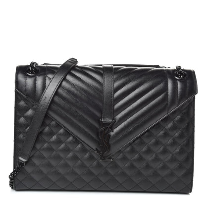 Saint Laurent Grain De Poudre Textured Mixed Matelasse Large Triquilt Monogram Monochrome Satchel Black 1 of 10