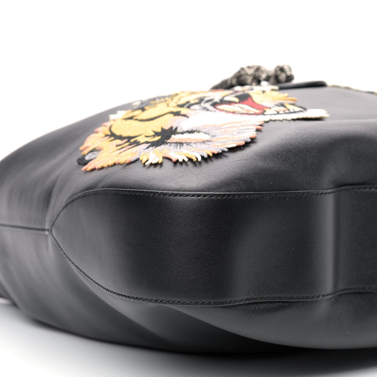 Calfskin Web Tiger Embroidered Large Dionysus Hobo Black