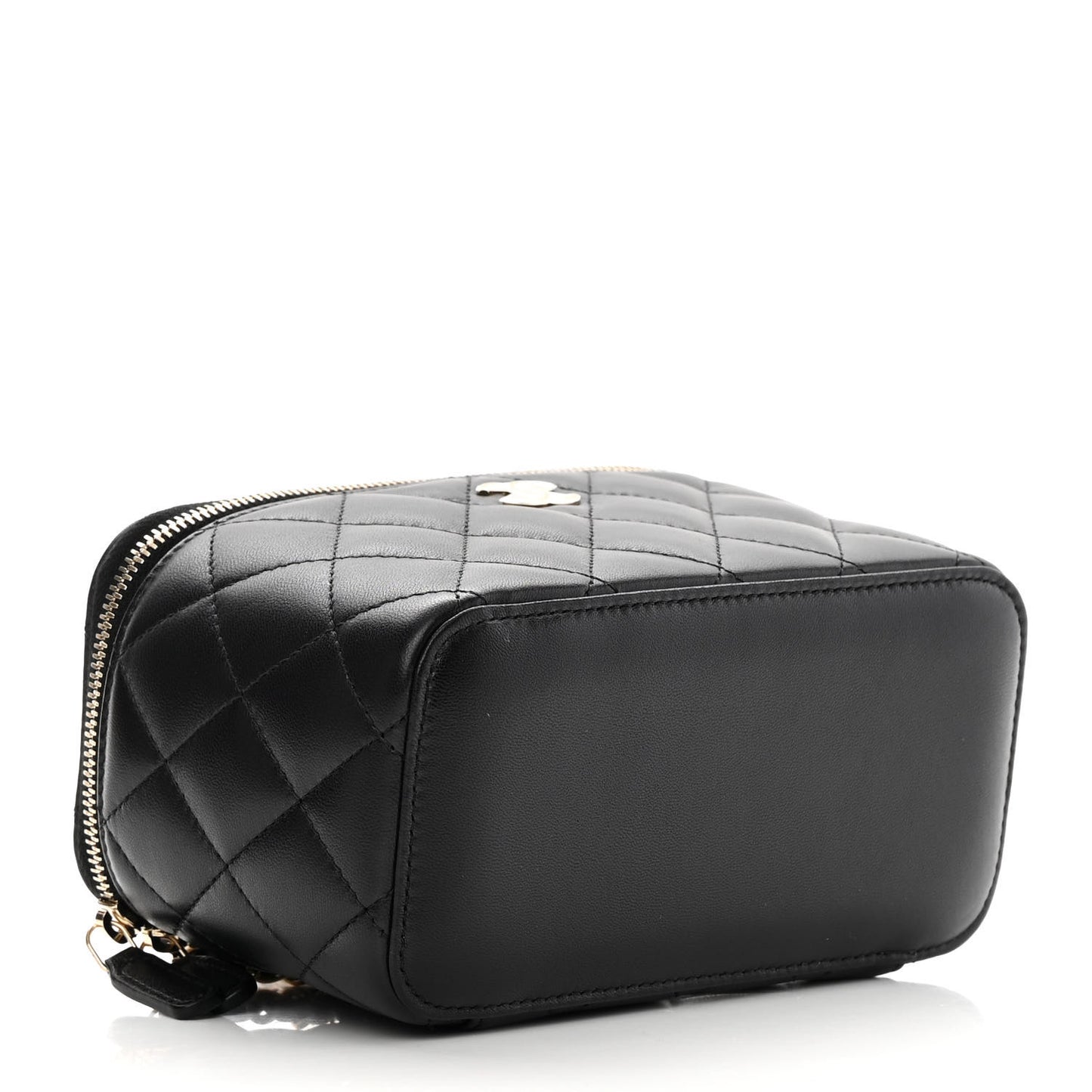 Lambskin Quilted Small Top Handle Vanity Case With Chain Black