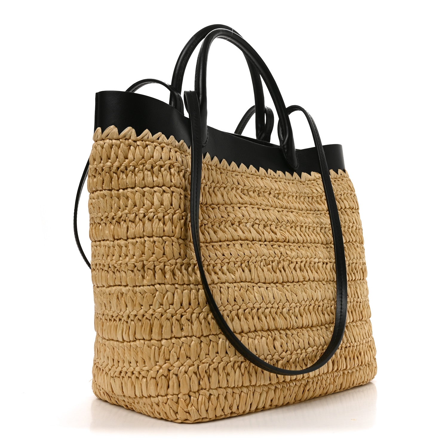 Prada Yarn Raffia Effect Calfskin Crochet Embroidered Medium Logo Tote Tan Black 3 of 9