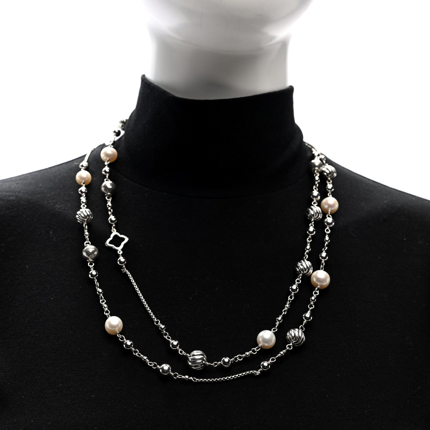 Sterling Silver Freshwater Cultured Pearl Quatrefoil Long Chain Necklace
