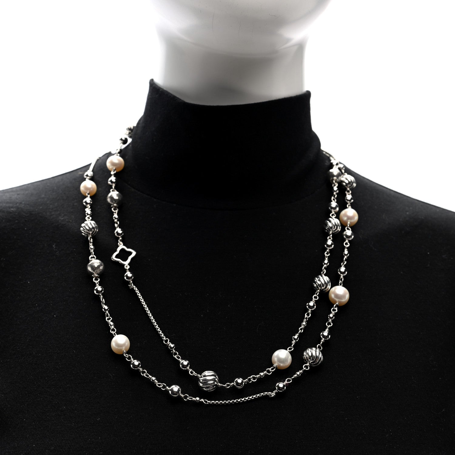 David Yurman Sterling Silver Freshwater Cultured Pearl Quatrefoil Long Chain Necklace 2 of 4