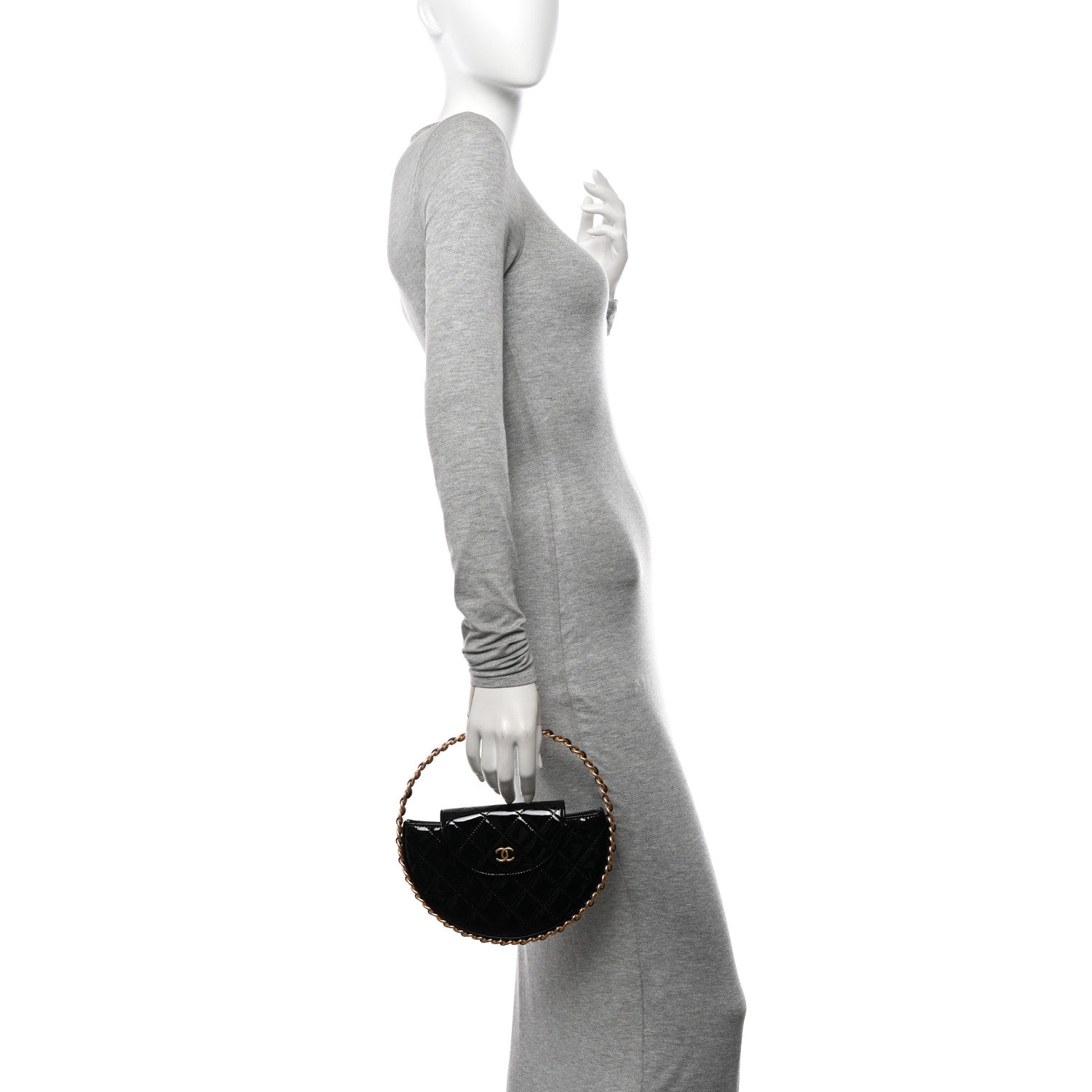 Chanel Patent Calfskin Quilted Chain Hoop Bag Black 2 of 10