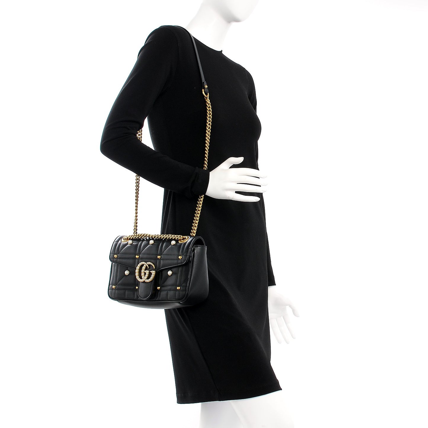 Calfskin Matelasse Studded Small Pearly GG Marmont Shoulder Bag Black