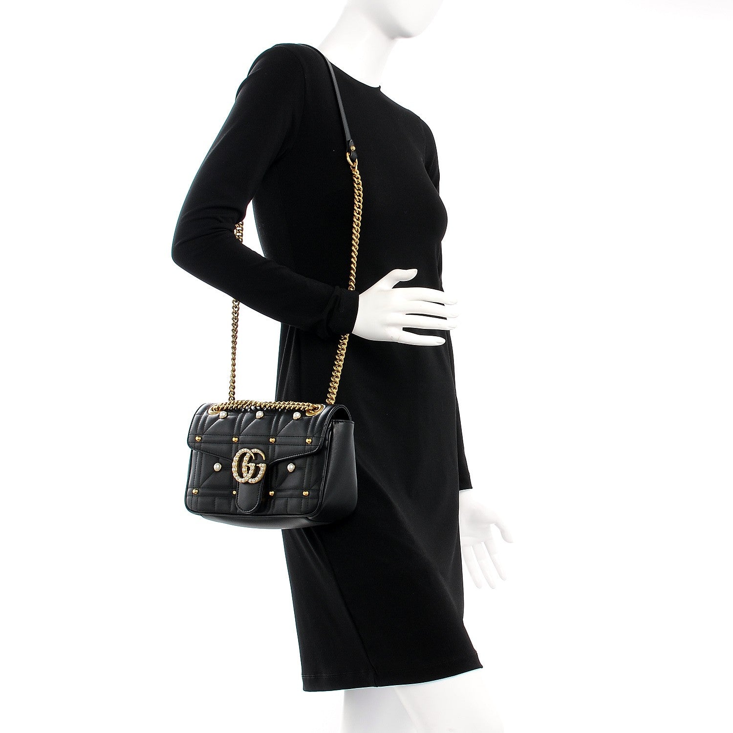 Gucci Calfskin Matelasse Studded Small Pearly GG Marmont Shoulder Bag Black 2 of 7