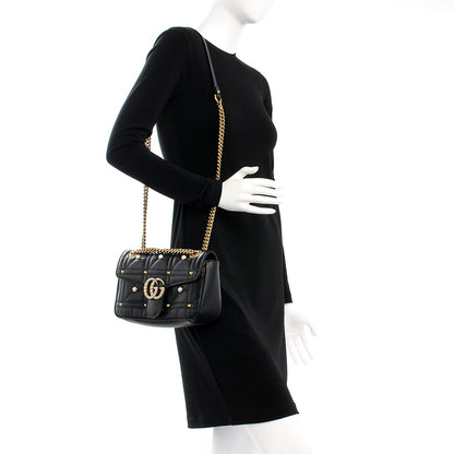 Gucci Calfskin Matelasse Studded Small Pearly GG Marmont Shoulder Bag Black 2 of 7