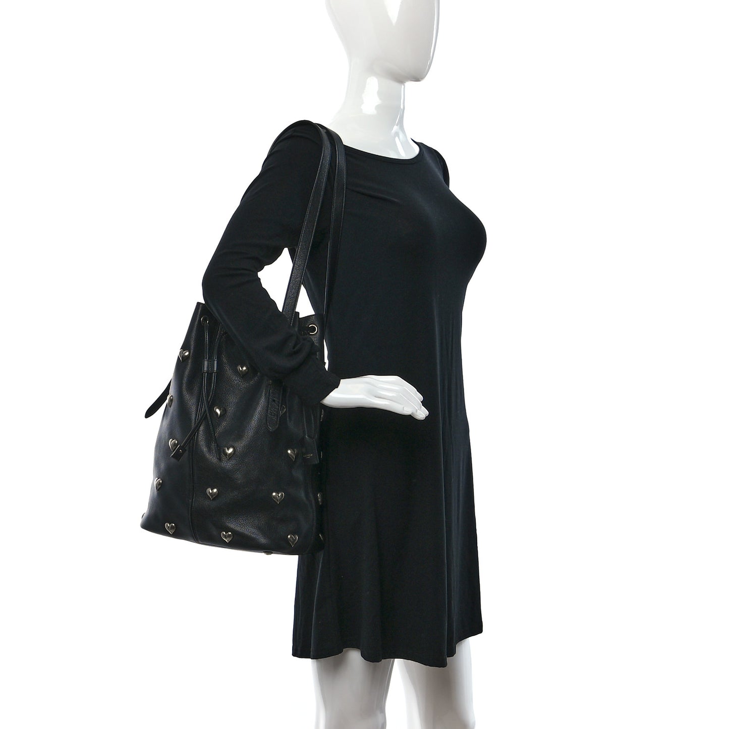 Lambskin Medium Heart Studded Riva Bucket Bag Black