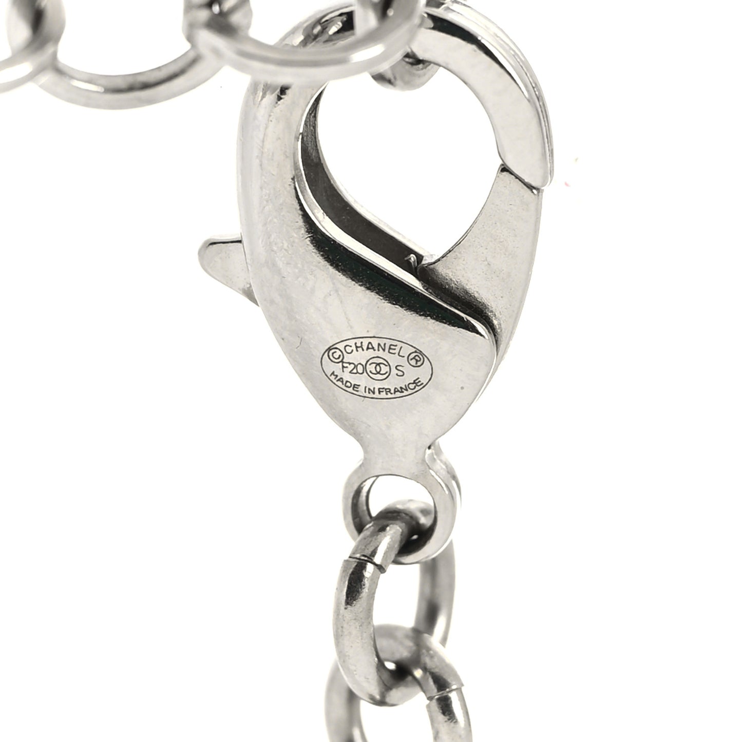 Crystal Pearl Resin Chanel Logo Long Necklace Silver Pearly White Black