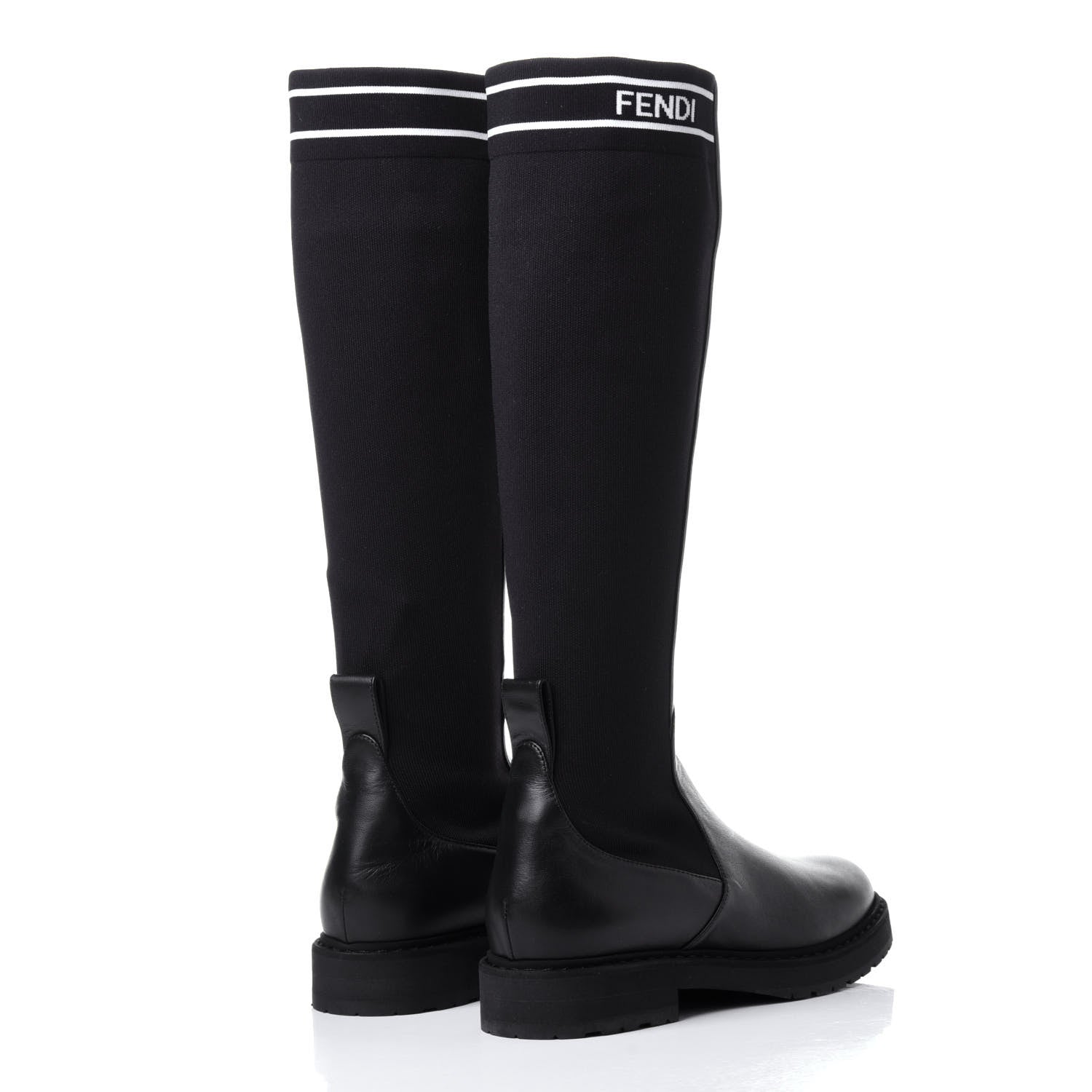 Fendi Lambskin Stretch Fabric Logo Rockoko Tall Boots 37 Black White 4 of 14