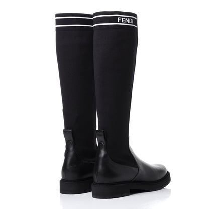 Fendi Lambskin Stretch Fabric Logo Rockoko Tall Boots 37 Black White 4 of 14