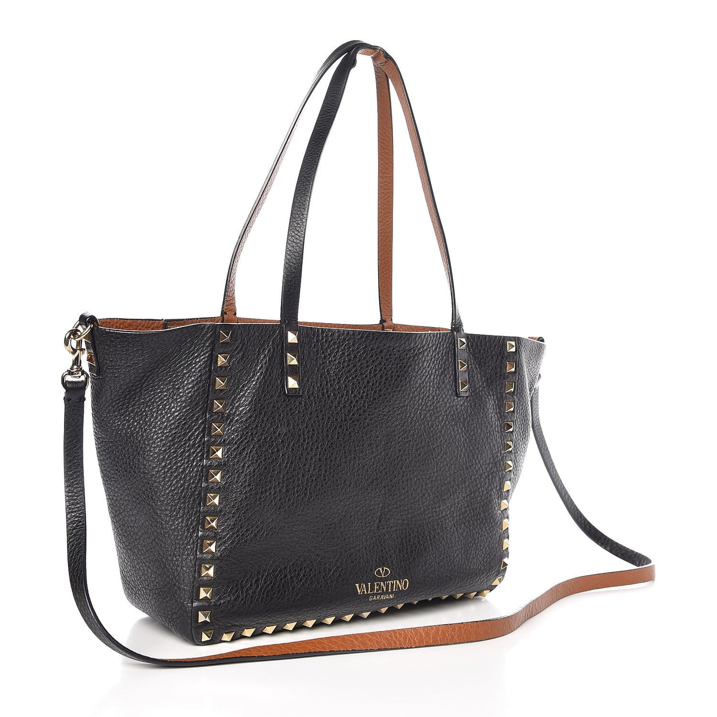 Pebbled Calfskin Small Rockstud Reversible Tote Black Light Cuir