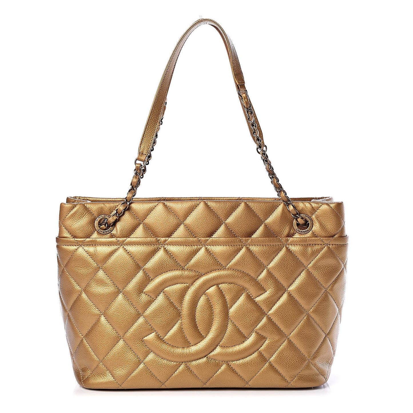 Metallic Caviar Quilted CC Timeless Tote Dark Gold