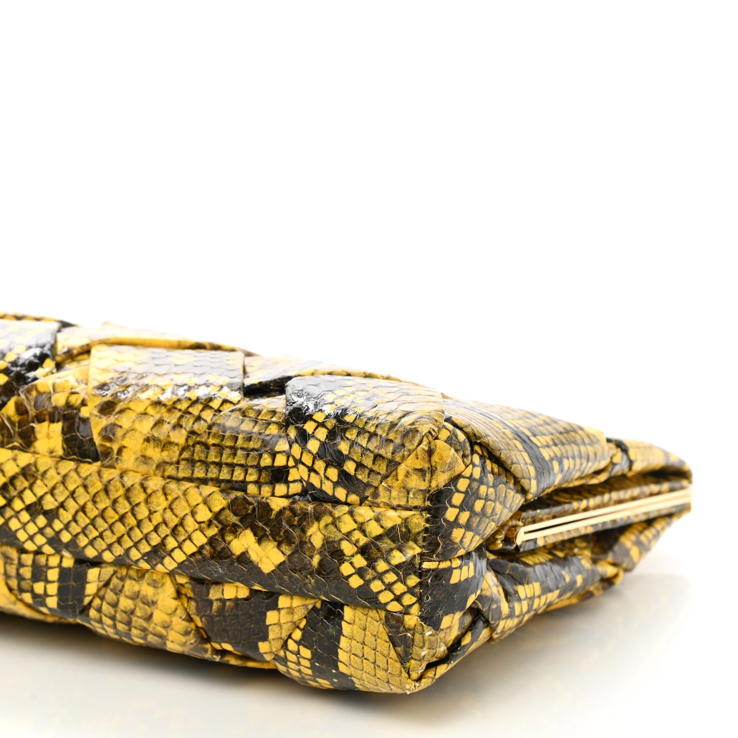 Snakeskin Woven Large Frame Chain Clutch Yellow