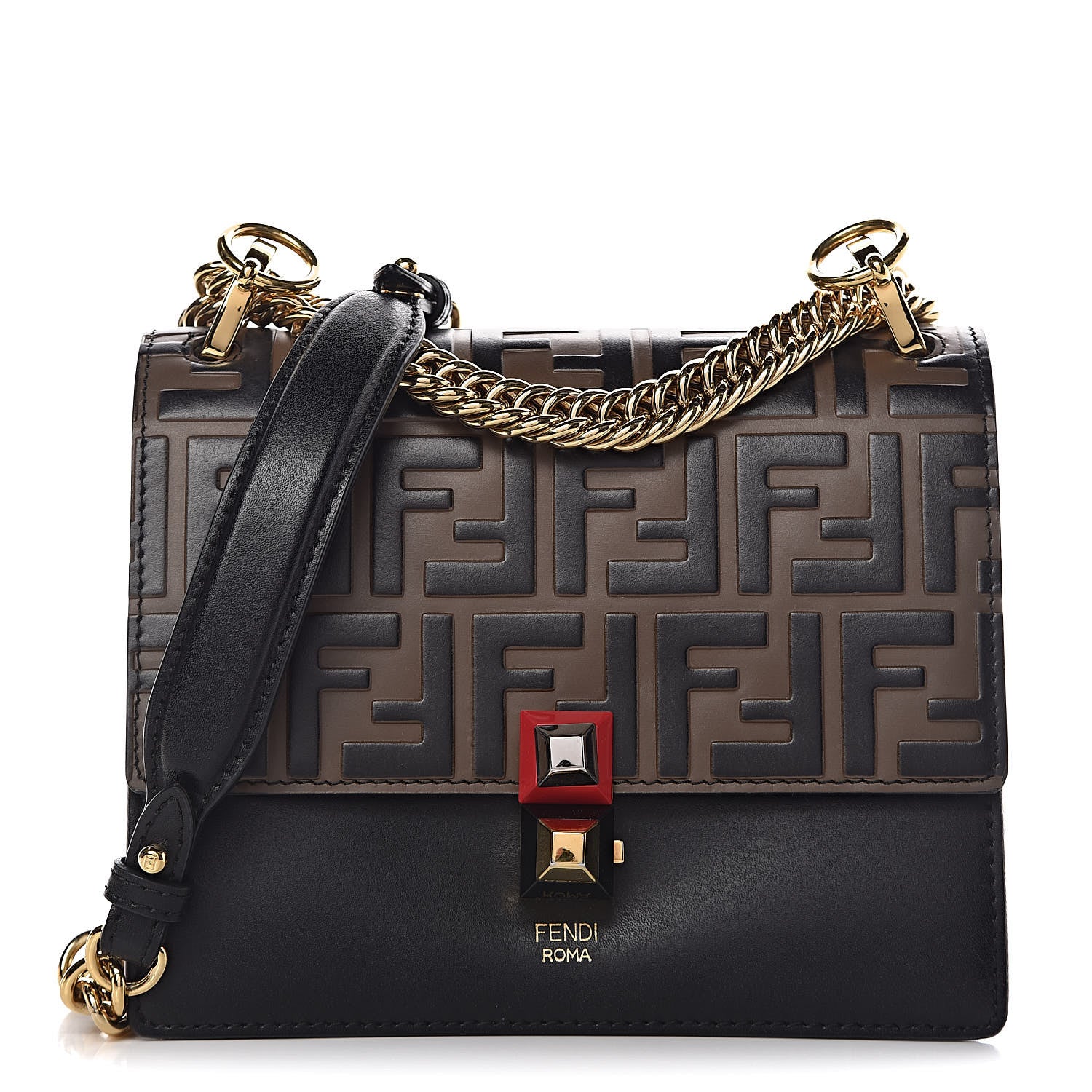 Fendi Vitello Liberty Bi-Color FF 1974 Embossed Small Kan I Shoulder Bag Black Maya 1 of 9