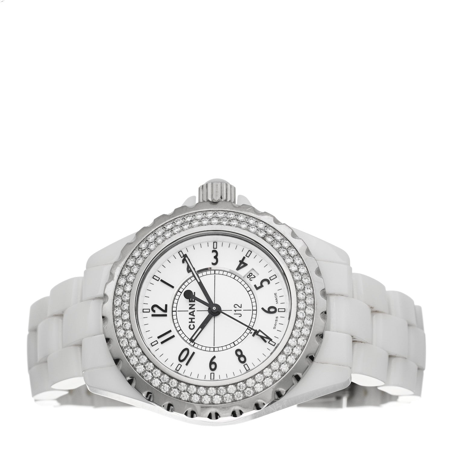 Chanel Stainless Steel Ceramic Diamond Pave Bezel 33mm J12 Quartz Watch White 2 of 4