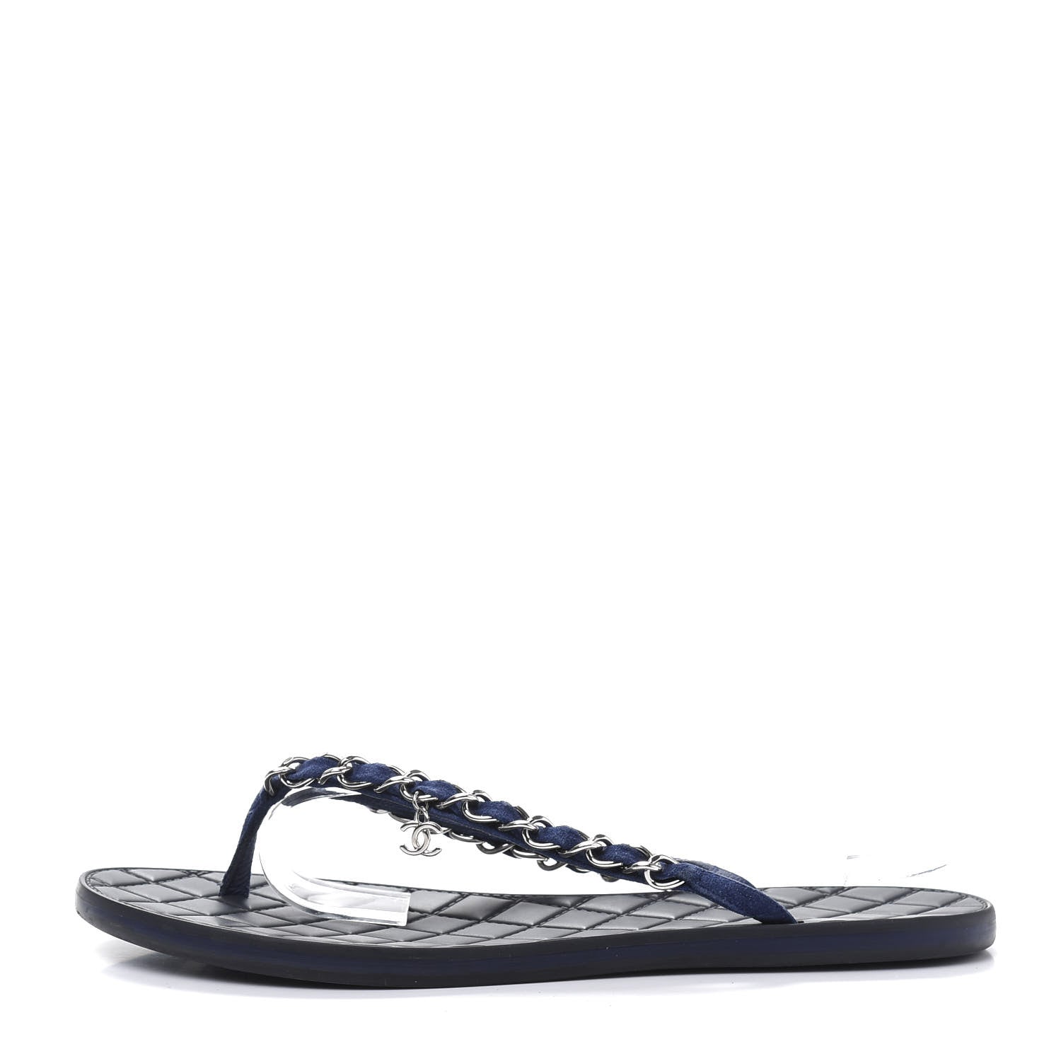 Chanel Suede Calfskin Quilted Chain Thong Sandals 40.5 Navy Blue 1 of 7