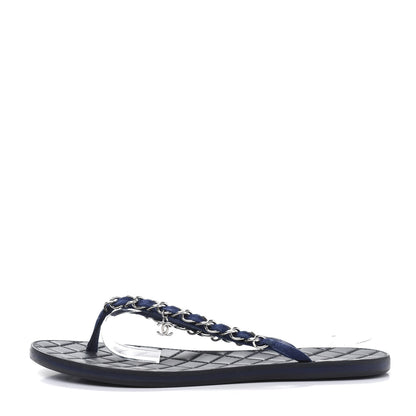 Chanel Suede Calfskin Quilted Chain Thong Sandals 40.5 Navy Blue 1 of 7