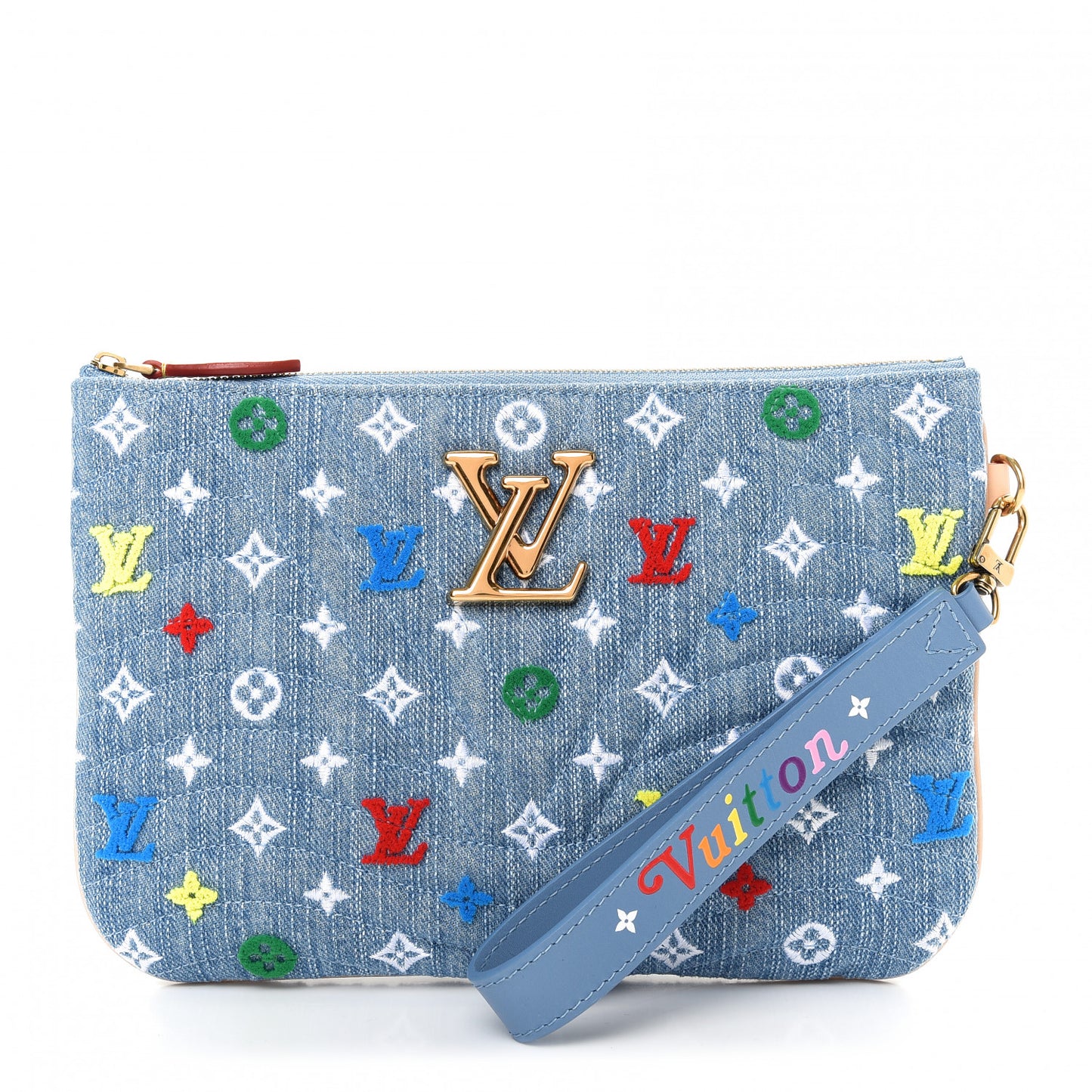 Embroidered Monogram Denim New Wave Zipped Pochette Blue