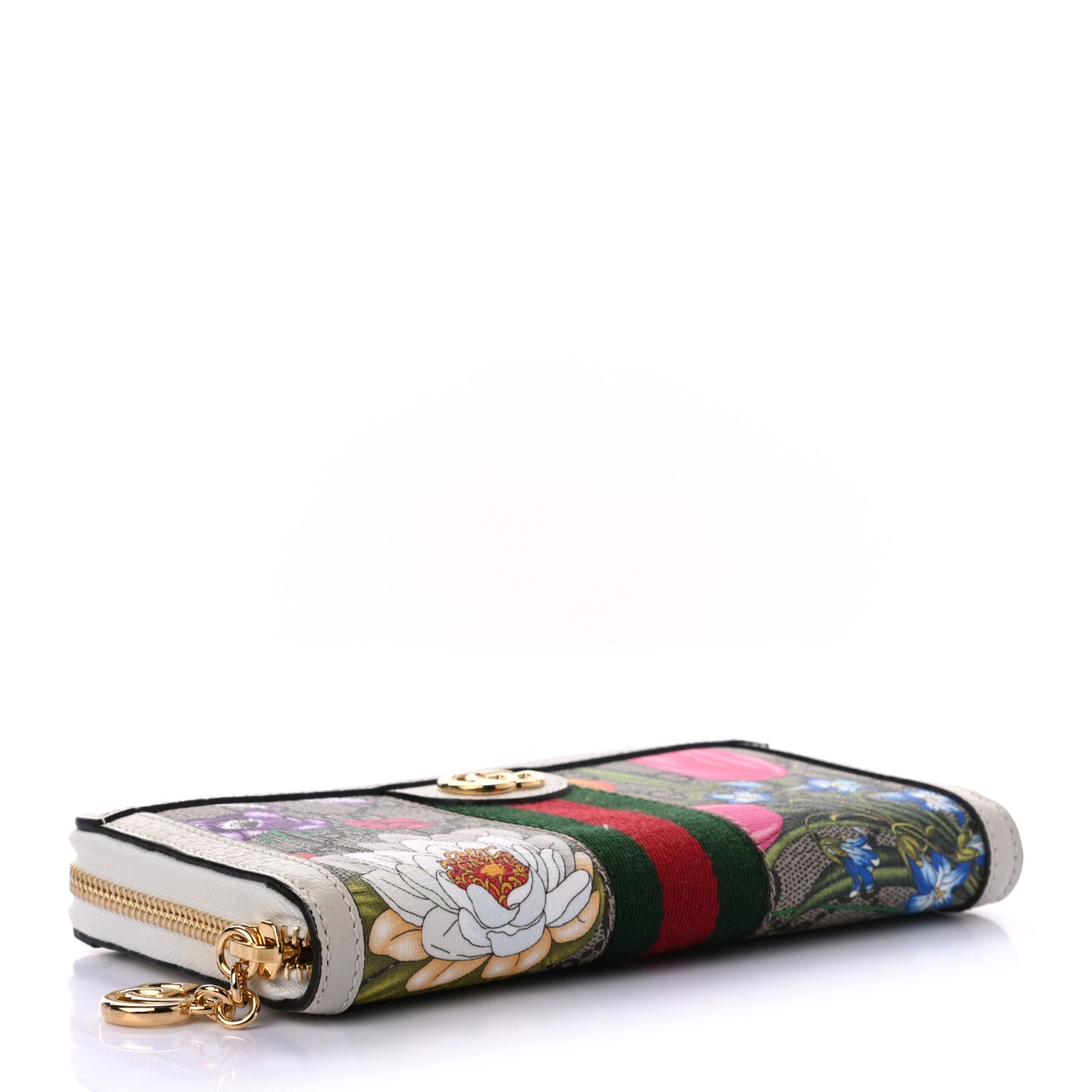 GG Supreme Monogram Flora Ophidia Zip Around Wallet White