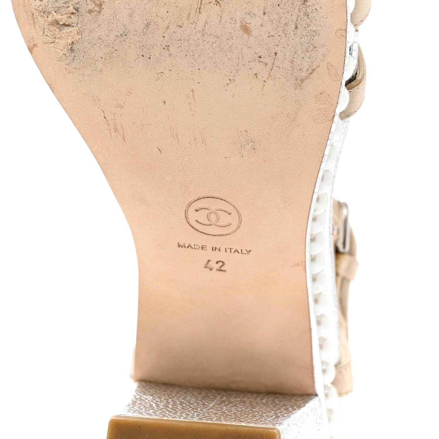 Chanel Metallic Caviar Satin Pearl Strappy Sandals 42 Silver Beige 6 of 9