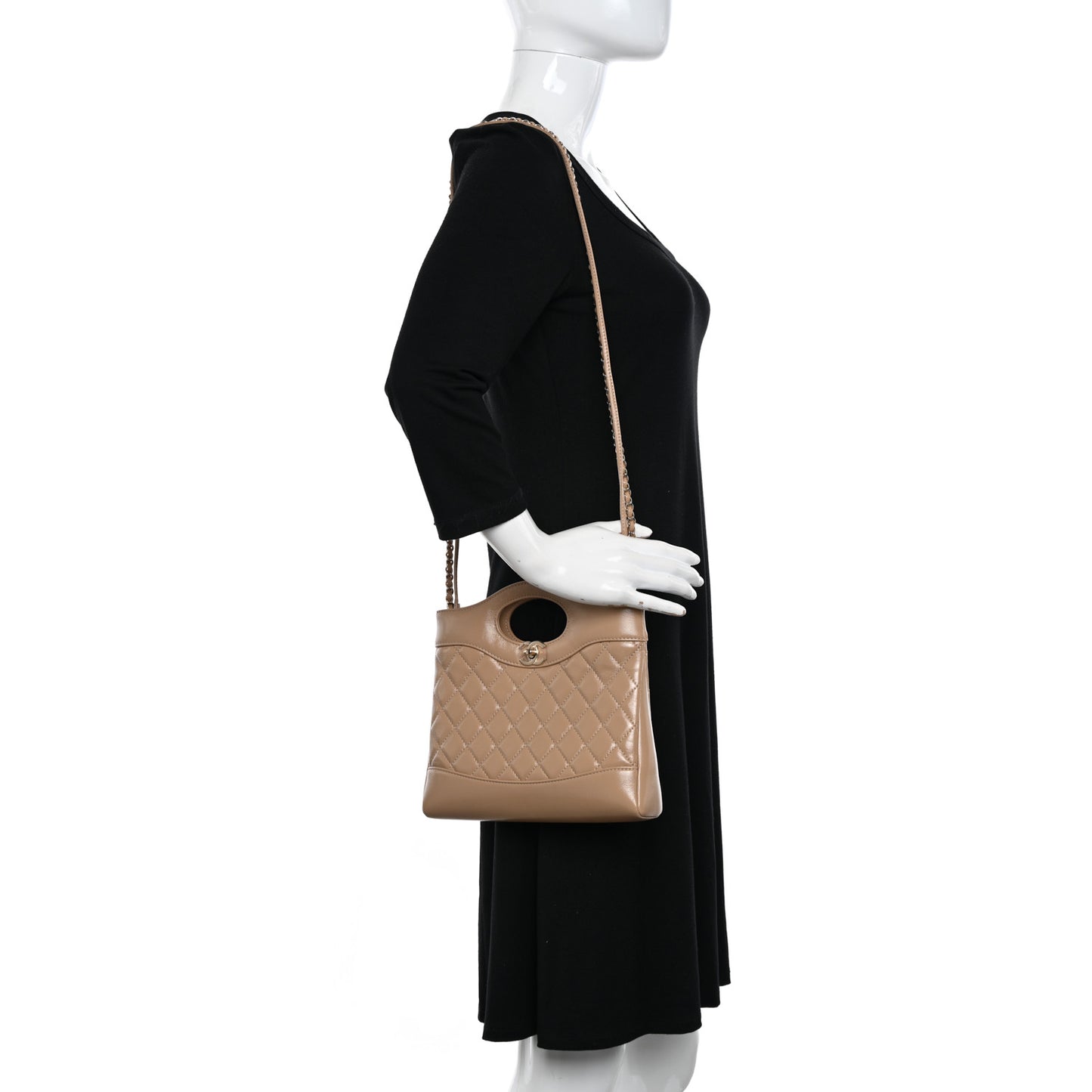 Shiny Crumpled Calfskin Quilted Mini 31 Shopping Bag Dark Beige