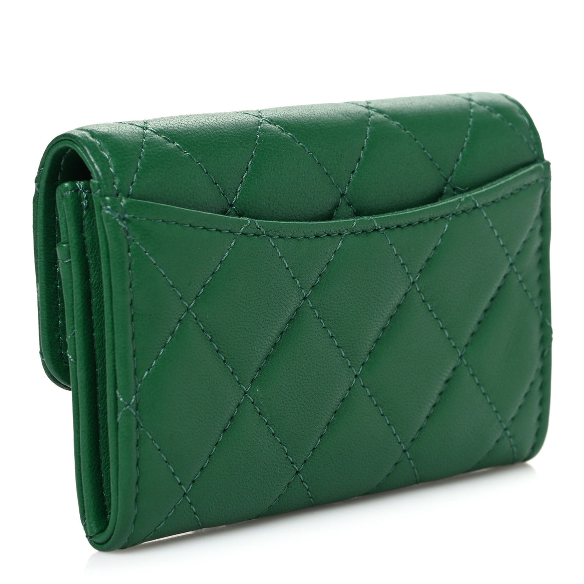 Lambskin Quilted Flap Card Holder Wallet Green