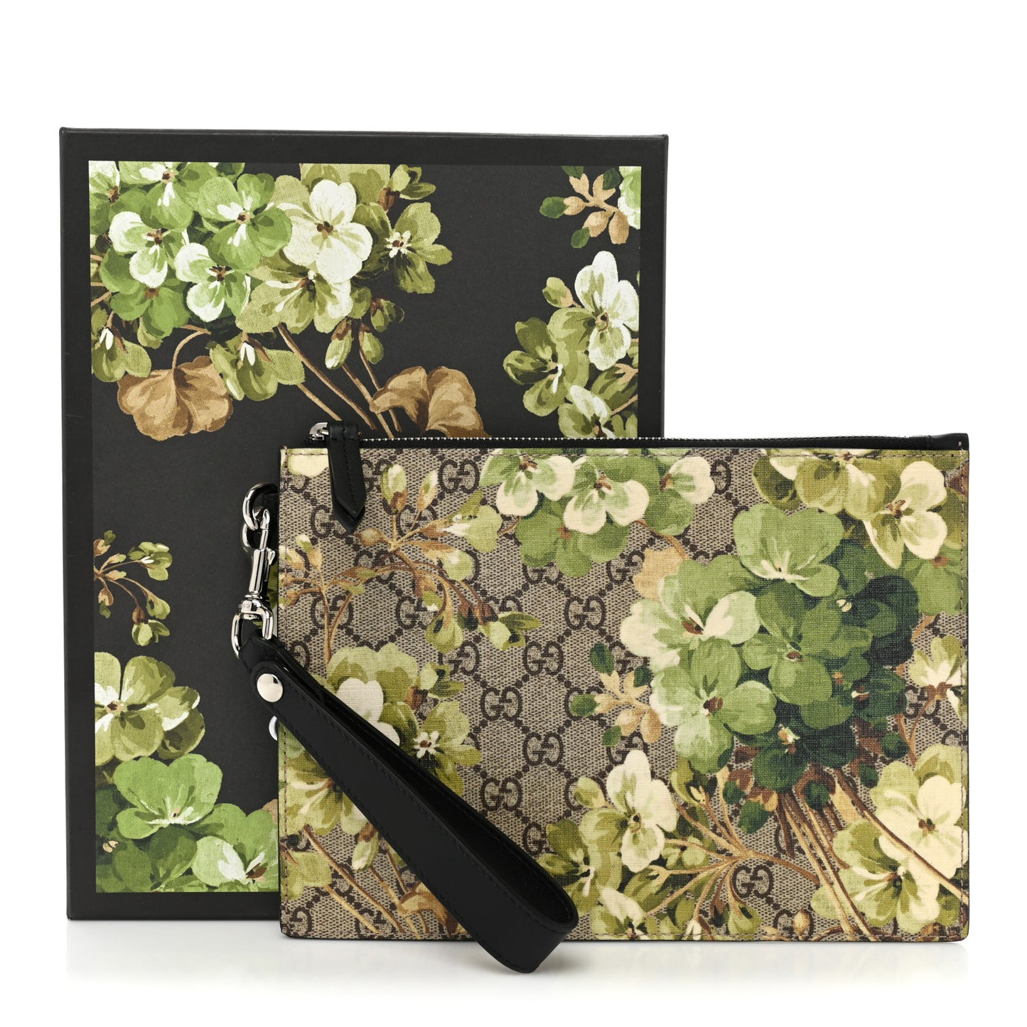 GG Supreme Monogram Blooms Small Zip Wristlet Pouch Beige New Military Black