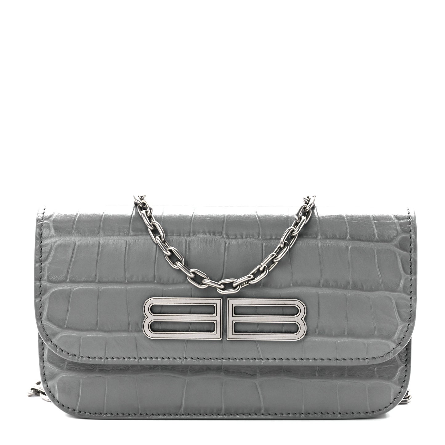 Extra Supple Calfskin Crocodile Embossed Gossip Wallet On Chain Balenciaga Grey