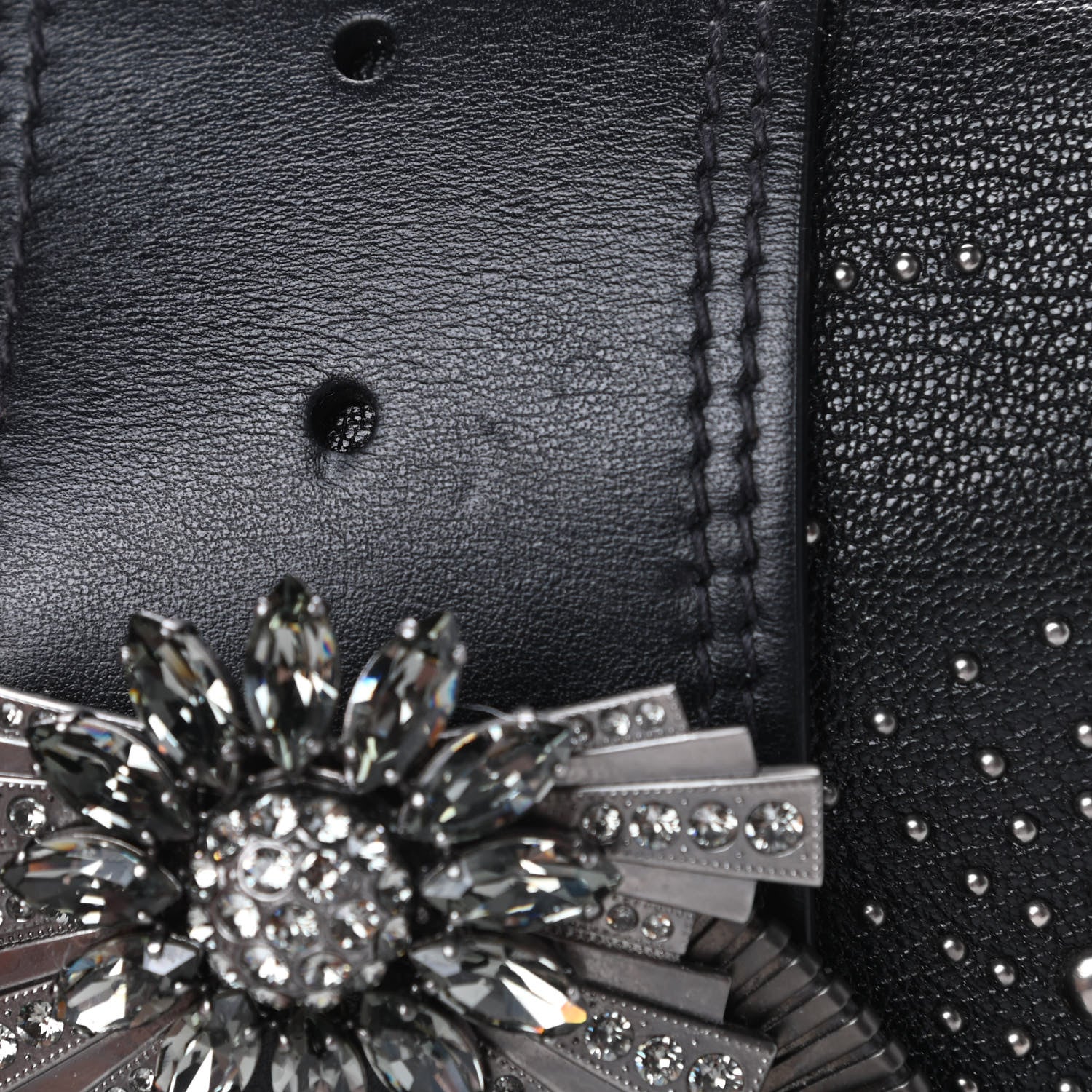 Miu Miu Goatskin Madras Soft Calfskin Crystal Embellished Dahlia Shoulder Bag Black 11 of 12