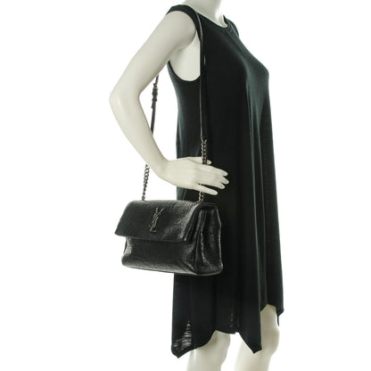 Saint Laurent Calfskin Crocodile Embossed Medium West Hollywood Monogram Fold-Over Black 2 of 7