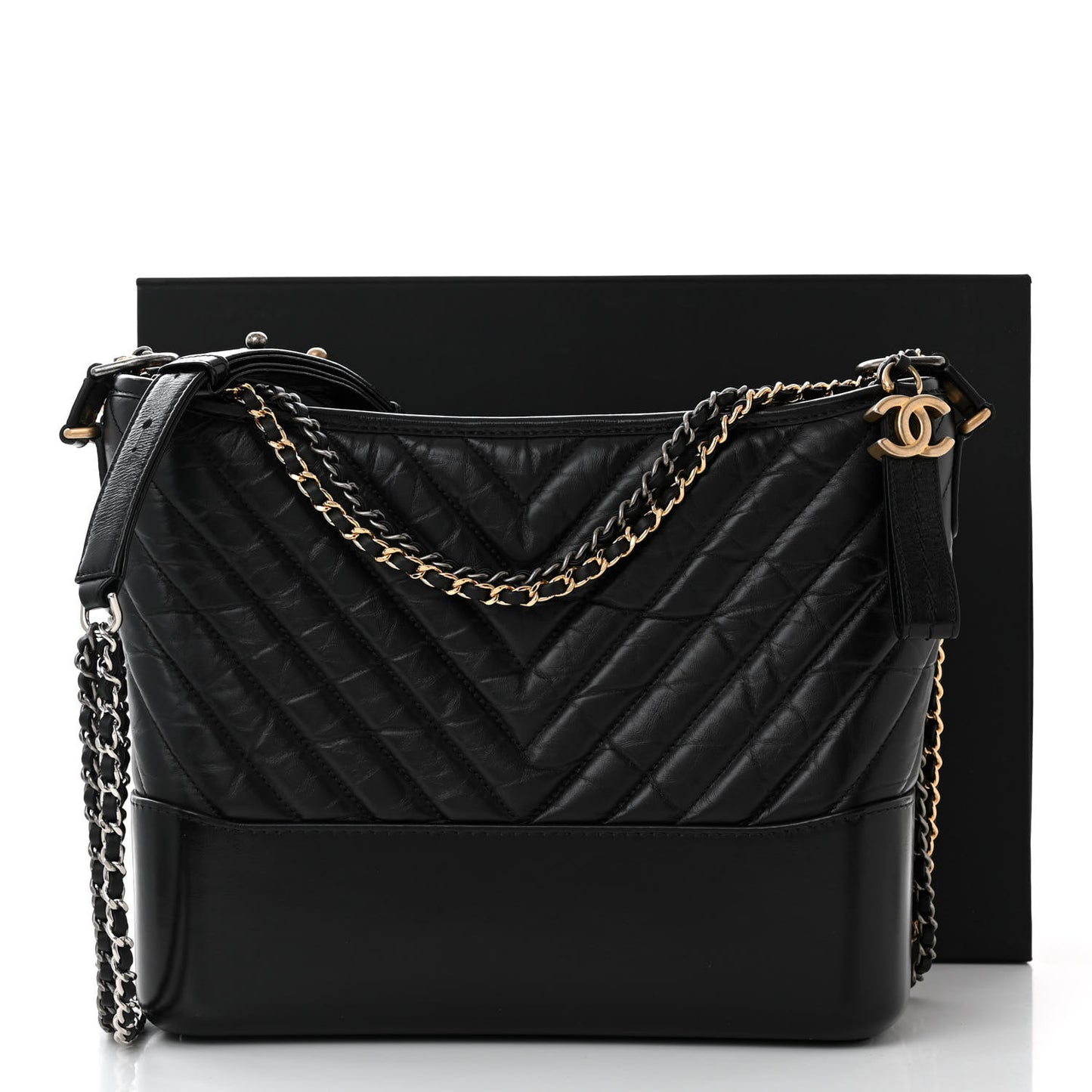 Aged Calfskin Chevron Quilted Medium Gabrielle Hobo Black