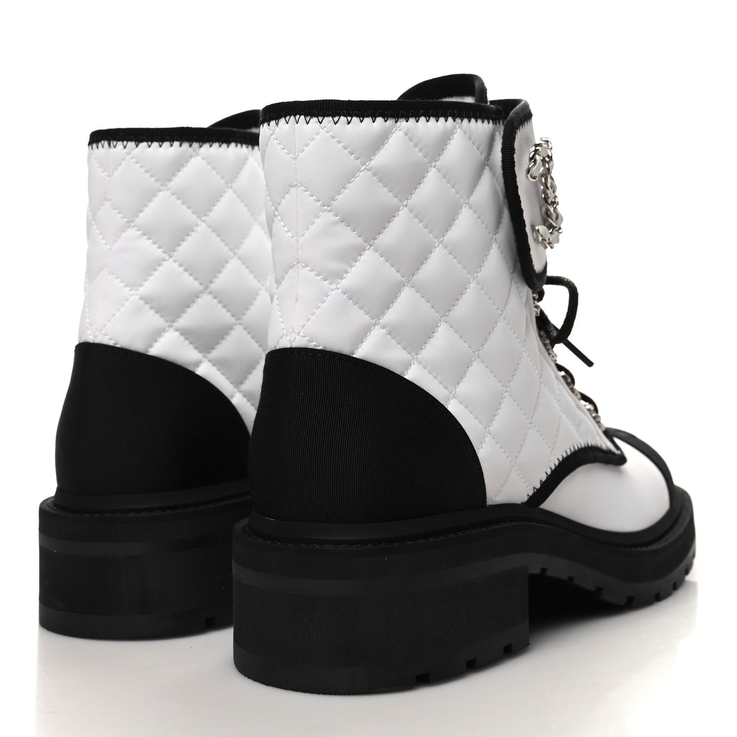 Fabric Grosgrain Quilted Cap Toe Lace Up Combat Boots 39.5 White Black