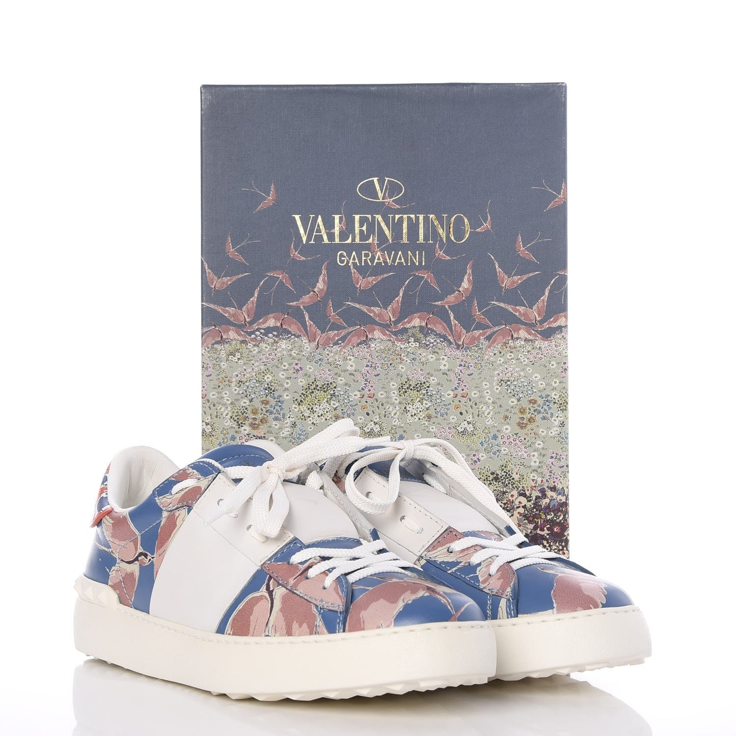 Calfskin Japanese Bird Print Rockstud Open Sneakers 40