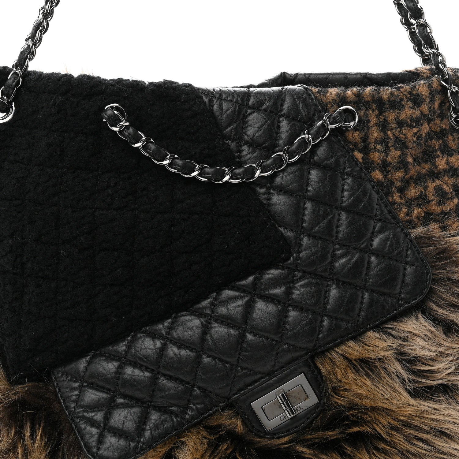 Chanel Tweed Lambskin Fantasy Fur Karl's Cabas Tote Black 8 of 10
