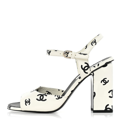 Chanel Printed Lambskin CC Sandals 41 White Black 1 of 10