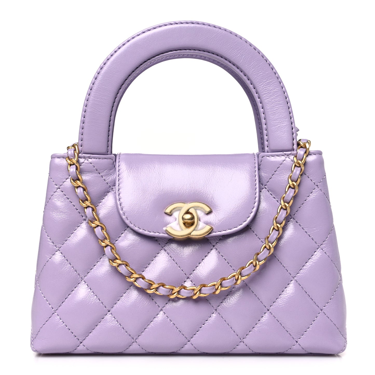 Shiny Aged Calfskin Quilted Nano Kelly Shopper Lilac