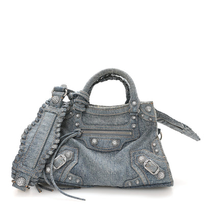 Balenciaga Washed Frayed Denim Crystal Neo Cagole Handbag XS Blue 1 of 11