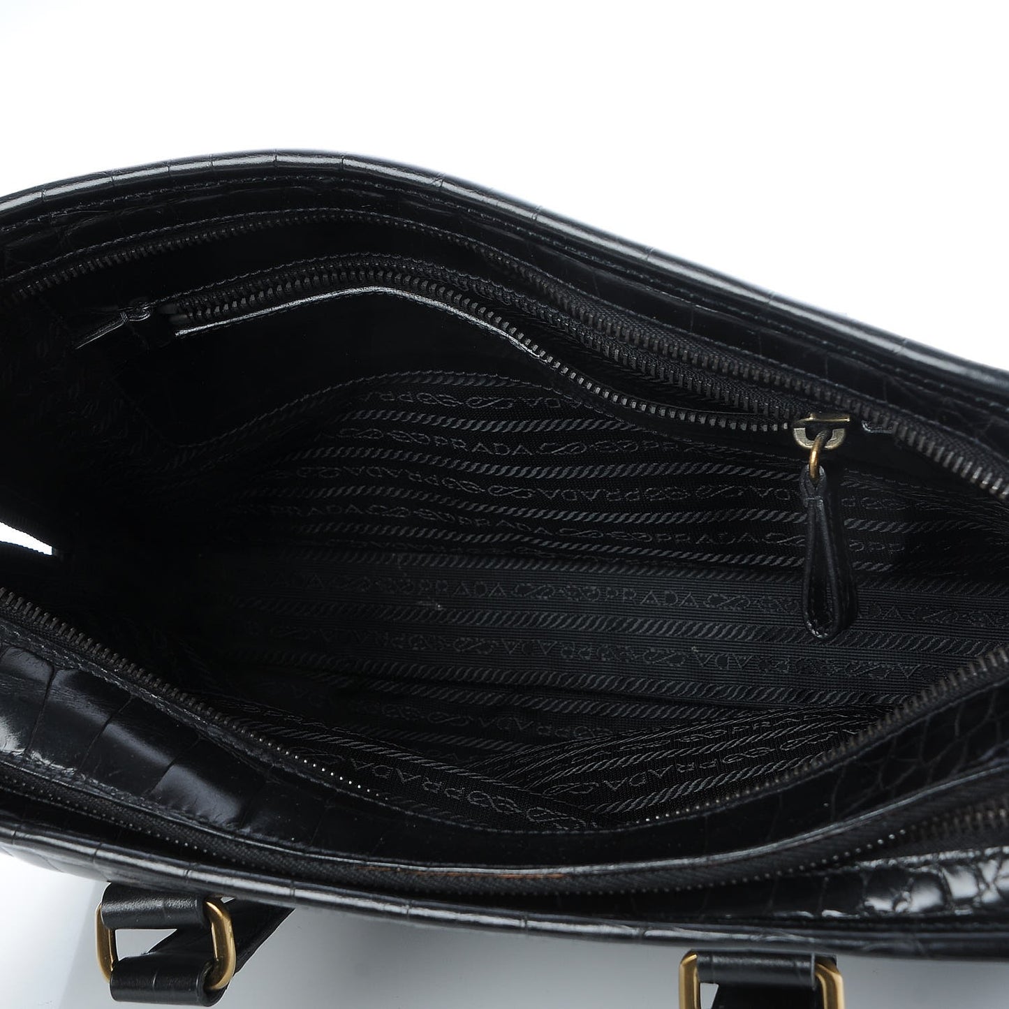 Shiny Calfskin Crocodile Embossed Double Zip Tote Black