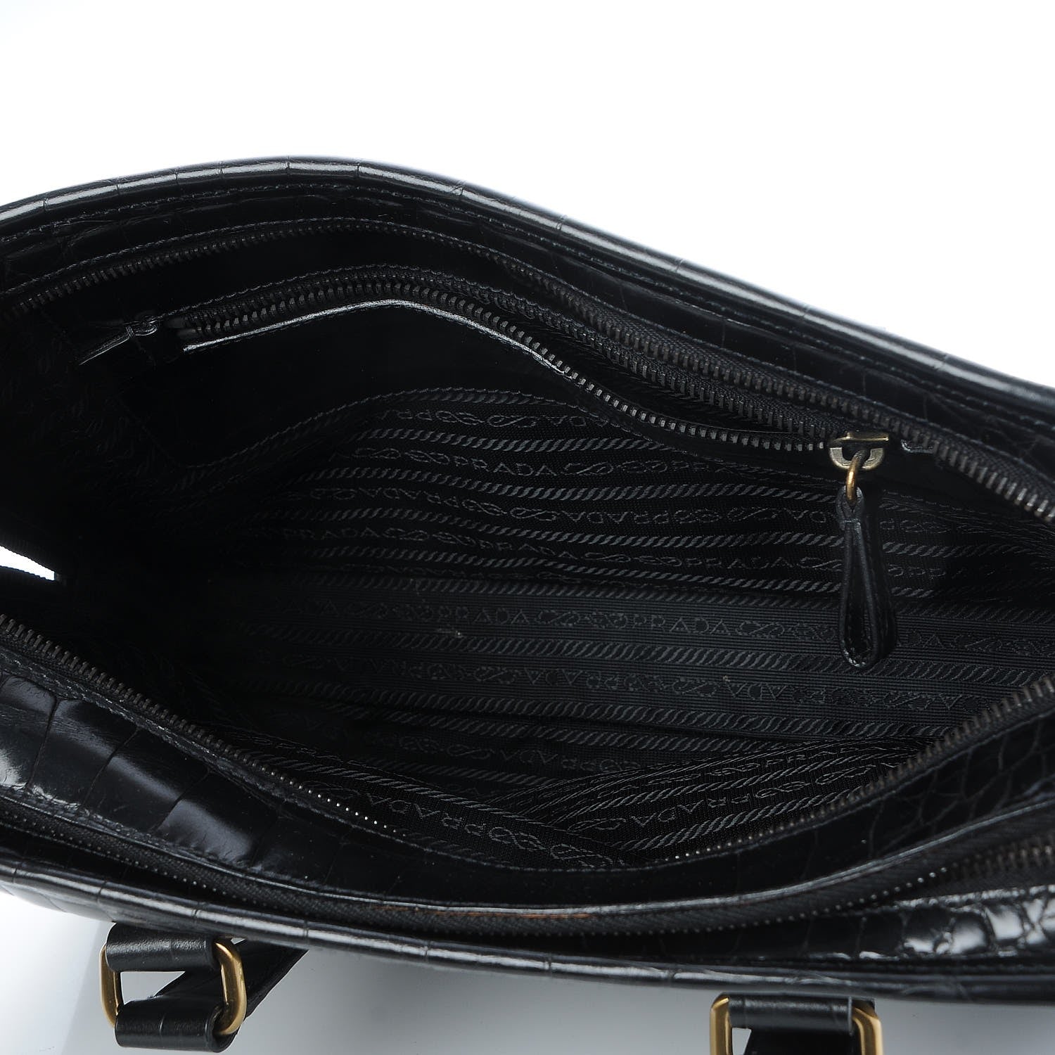 Prada Shiny Calfskin Crocodile Embossed Double Zip Tote Black 5 of 7