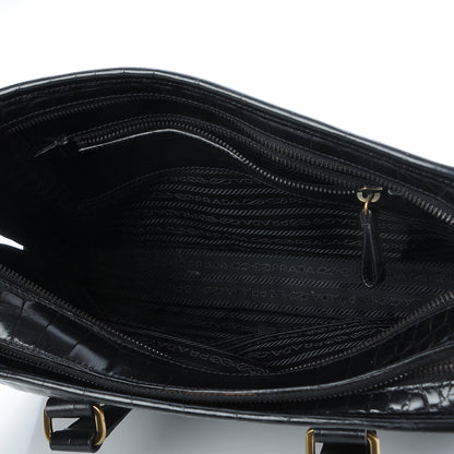 Prada Shiny Calfskin Crocodile Embossed Double Zip Tote Black 5 of 7