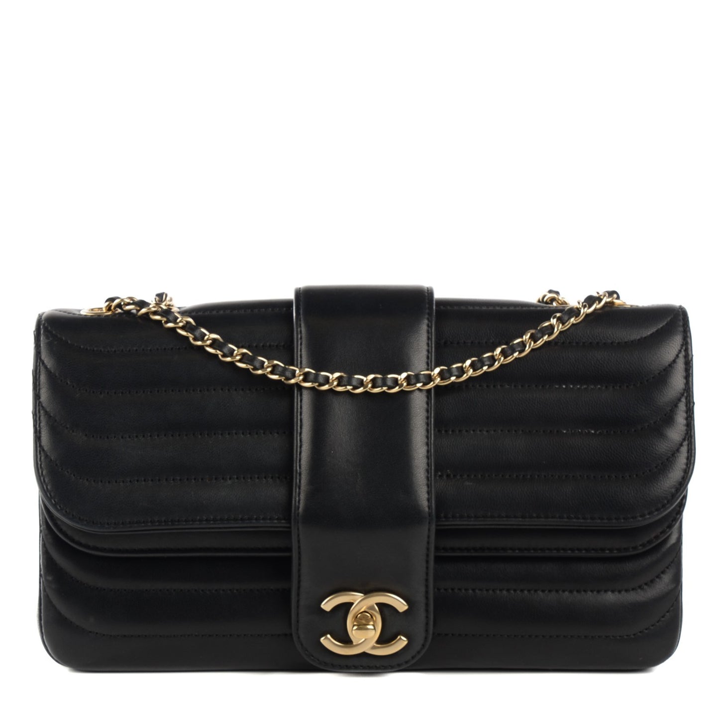 Lambskin Horizontal Quilted Medium Double Flap Black