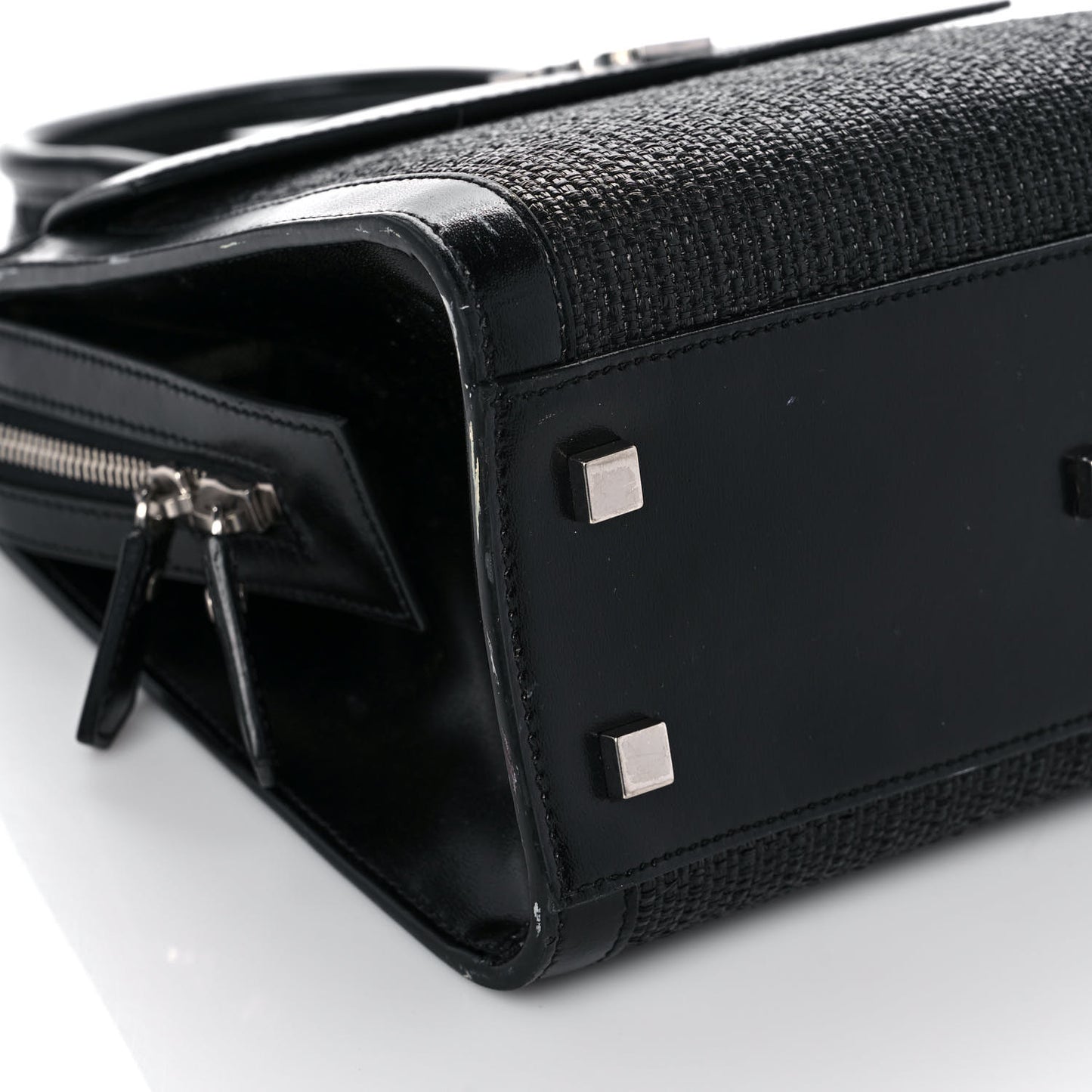 Raffia Shiny Calfskin Medium Uptown Tote Black