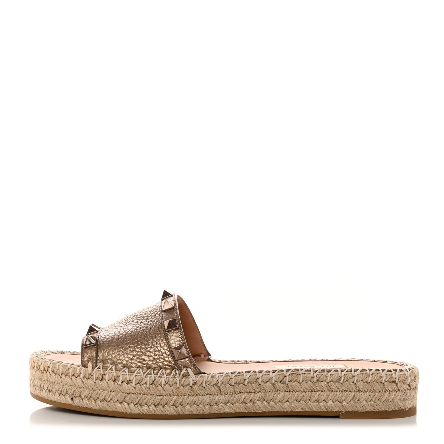 Metallic Grained Calfskin Rockstud Espadrille Flat Slide Sandals 36 Skin Natural