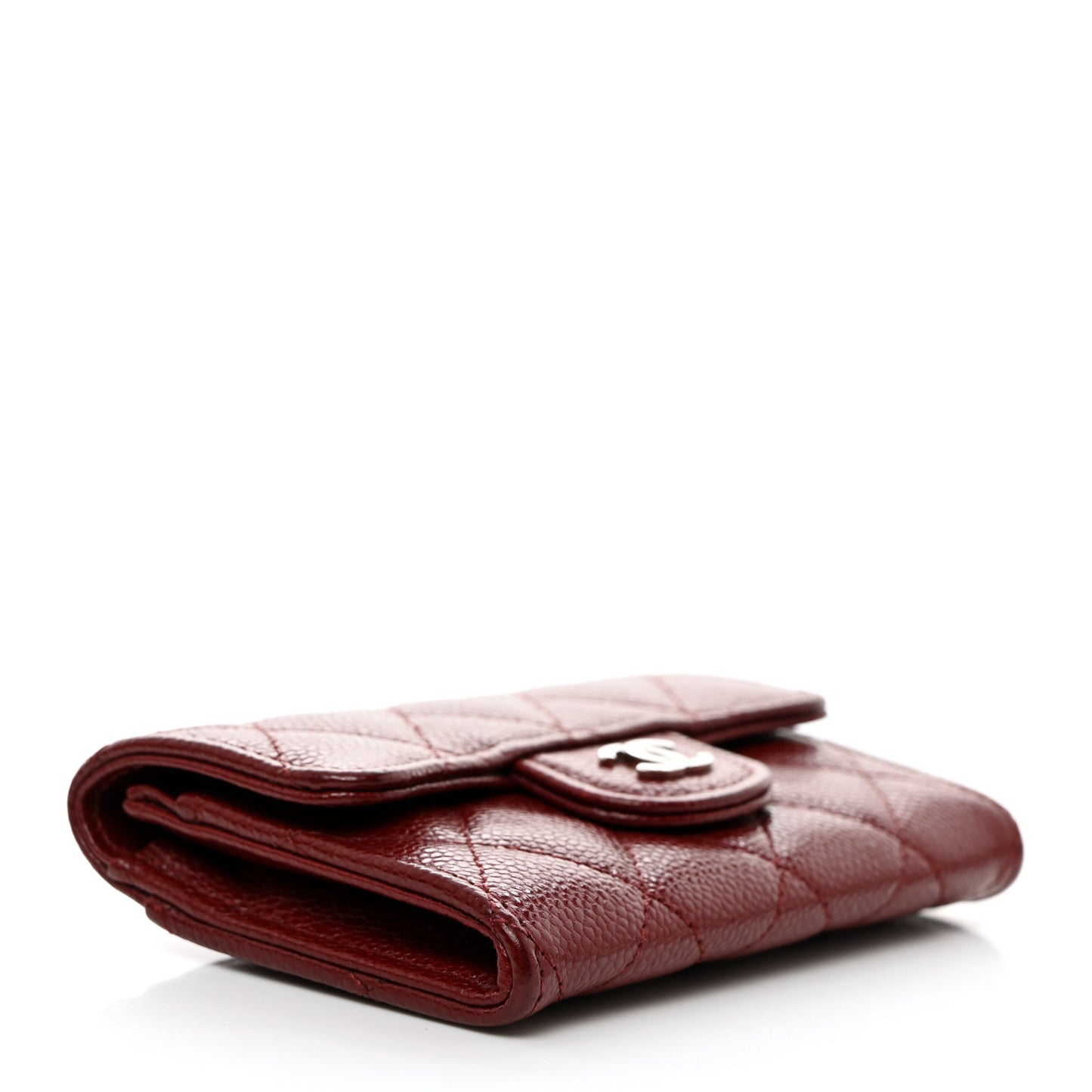 Iridescent Caviar Quilted Flap Card Holder Wallet Burgundy